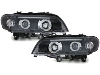 Φανάρια εμπρός angel eyes για BMW X5 (1999-2003) - black , με λάμπες (Η1) - σετ 2τμχ.