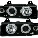 Φανάρια εμπρός angel eyes για BMW E36 (1991-1999) 4d sedan - black , με λάμπες (Η1) - σετ 2τμχ.