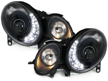 Φανάρια εμπρός led για Mercedes W211 E-Class (2002-2006) μαύρα , χωρίς λάμπες (Η7) - σετ 2τμχ.