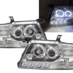 Φανάρια εμπρός angel eyes για Mitsubishi Pajero (2001-2006) - chrome , με λάμπες (Η1) - σετ 2τμχ.