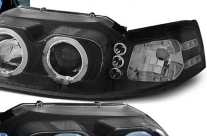 Φανάρια εμπρός led angel eyes για Ford Mustang (1998-2004) , μαύρα , με λάμπες (Η1) - σετ 2τμχ.
